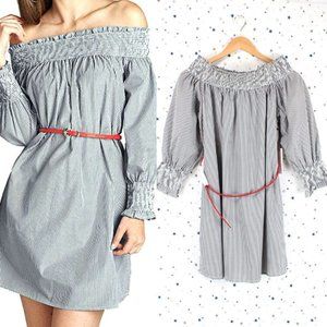 Stripe Off Shoulder Dress with Red Belt Grey White